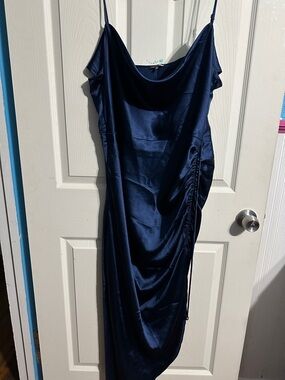Fashion Nova Navy Satin Midi Slip Dress with Side Ruched Detail